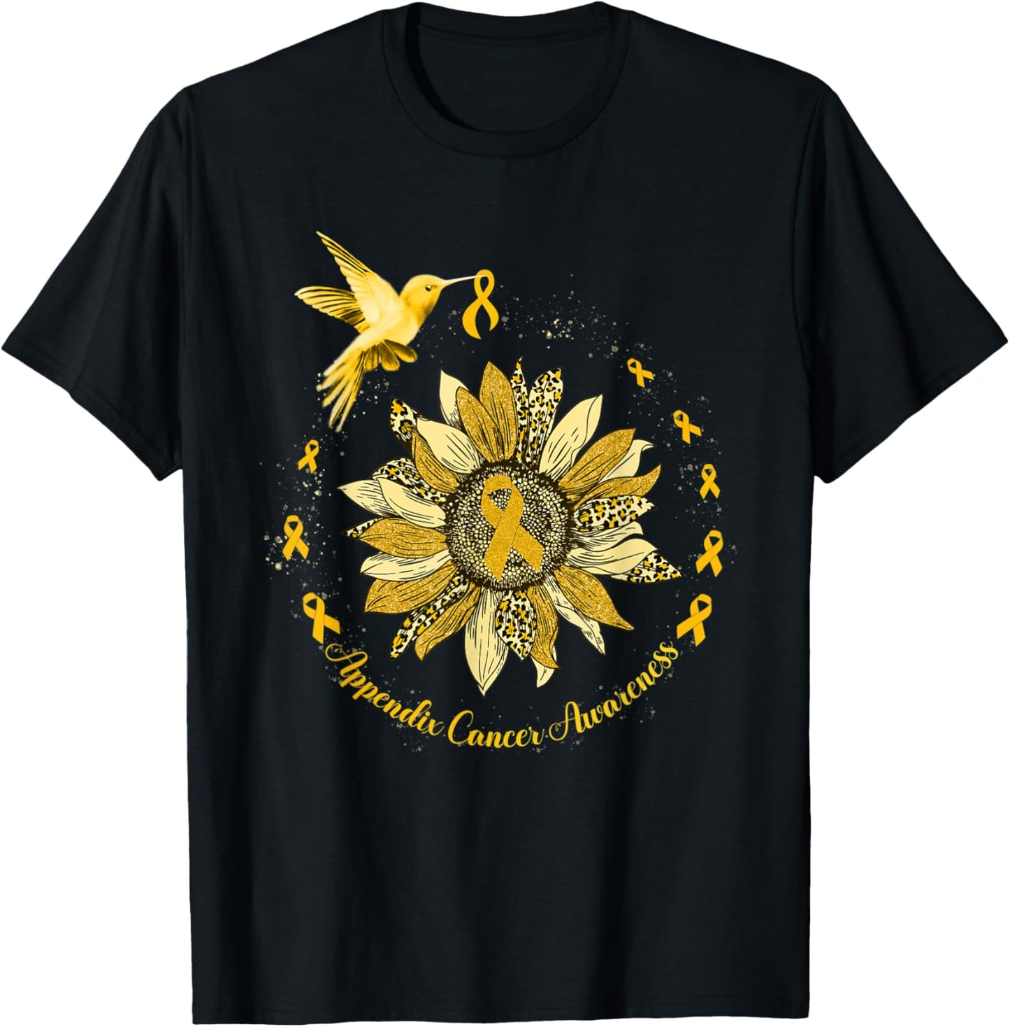 Sunflower Hummingbird Amber Appendix Cancer Warrior T-Shirt - T-Shirt | Black