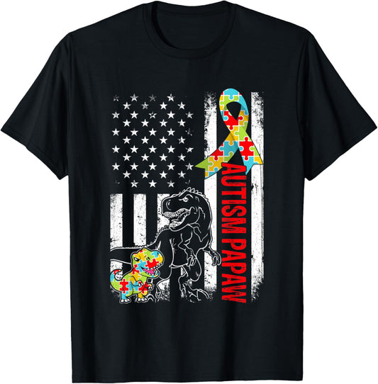 American Flag Autism Papaw Dinosaur Awareness Autistic Women Kids Men T-Shirt - T-Shirt | Black