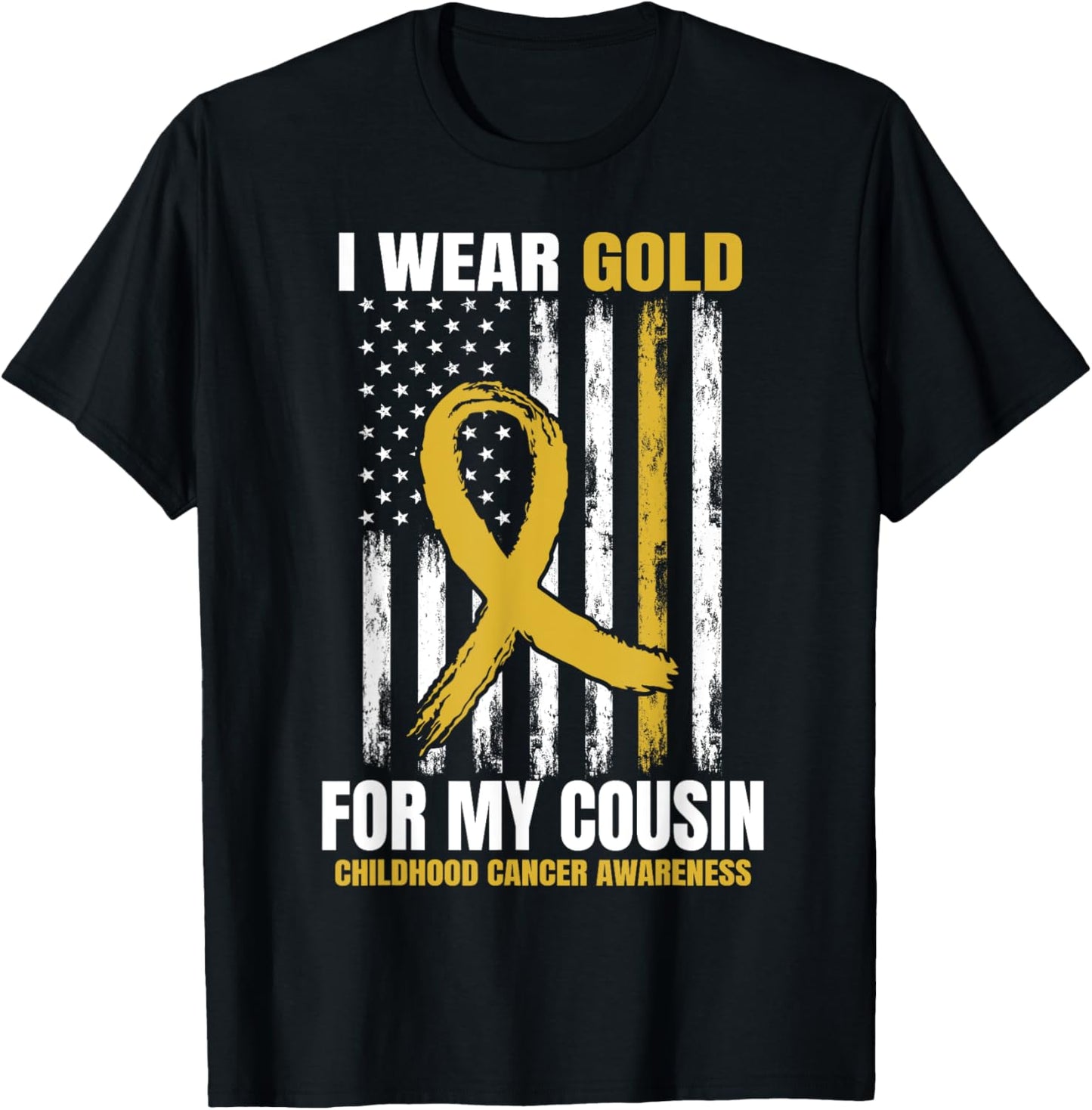 I Wear Gold Cousin Childhood Cancer Awareness American Flag T-Shirt - T-Shirt | Black
