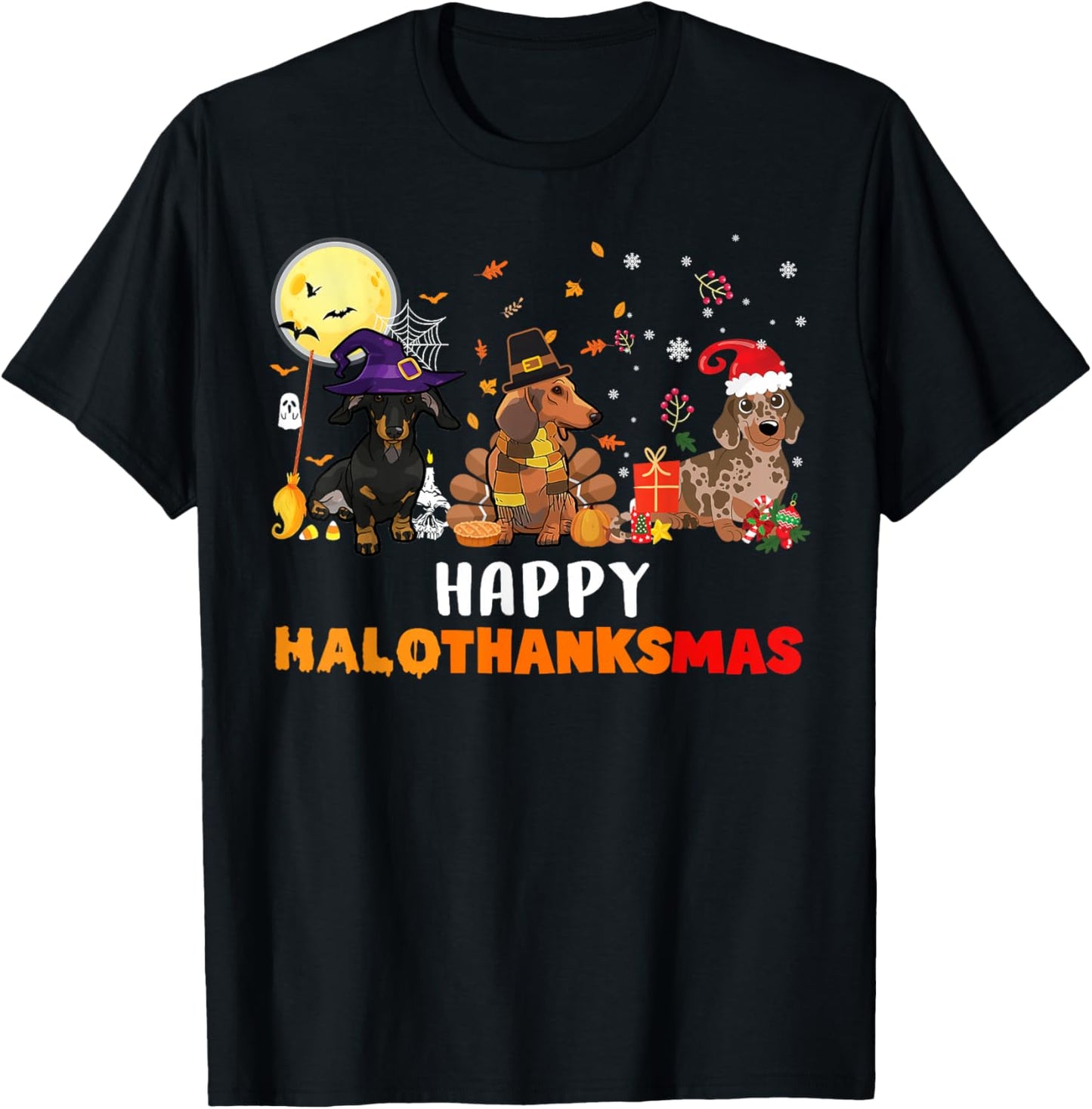 Happy Hallothanksmas Dachshund Dog Lover Halloween Christmas T-Shirt - T-Shirt | Black