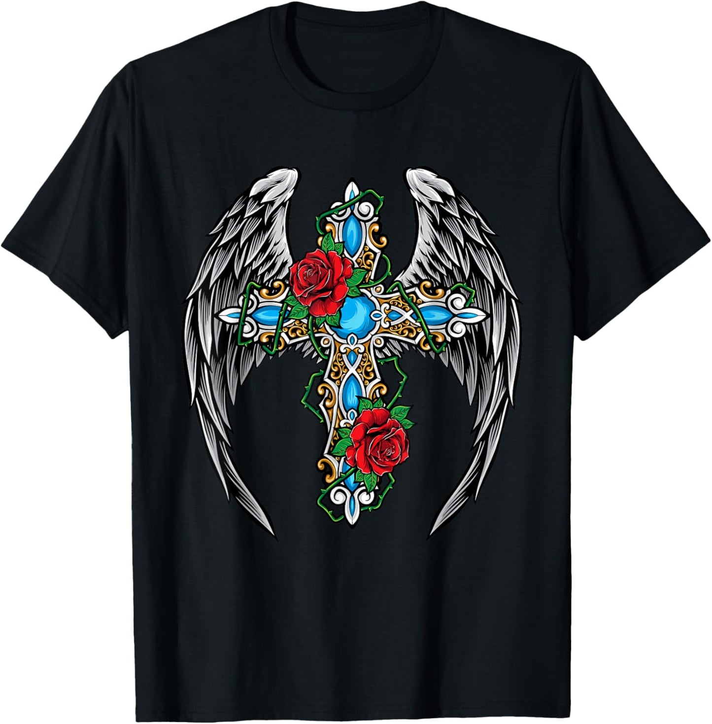 Christian Cross Vintage Rose Flower Cross Wings Religion T-Shirt - T-Shirt | Black