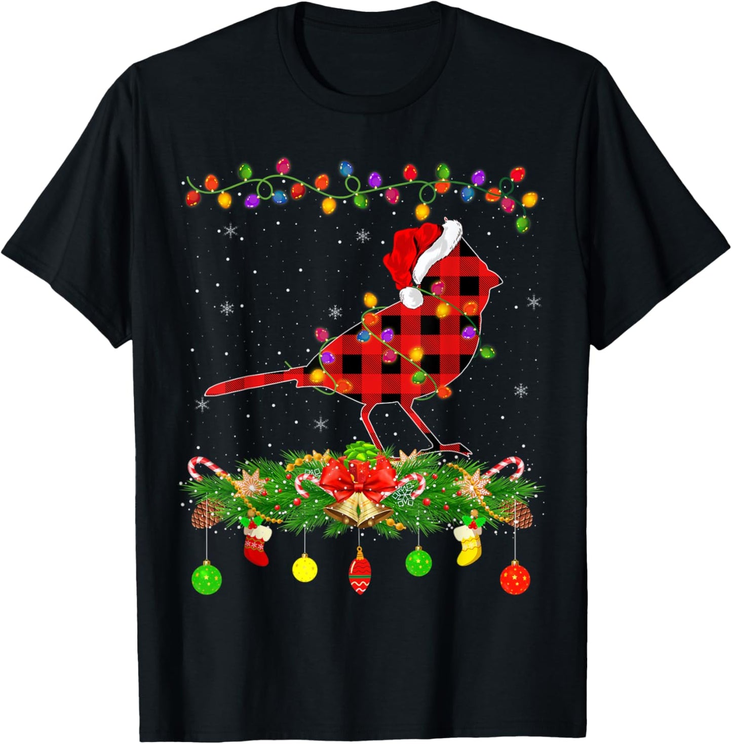 Funny Matching Buffalo Plaid Cardinal Bird Christmas Pajama T-Shirt - T-Shirt | Black