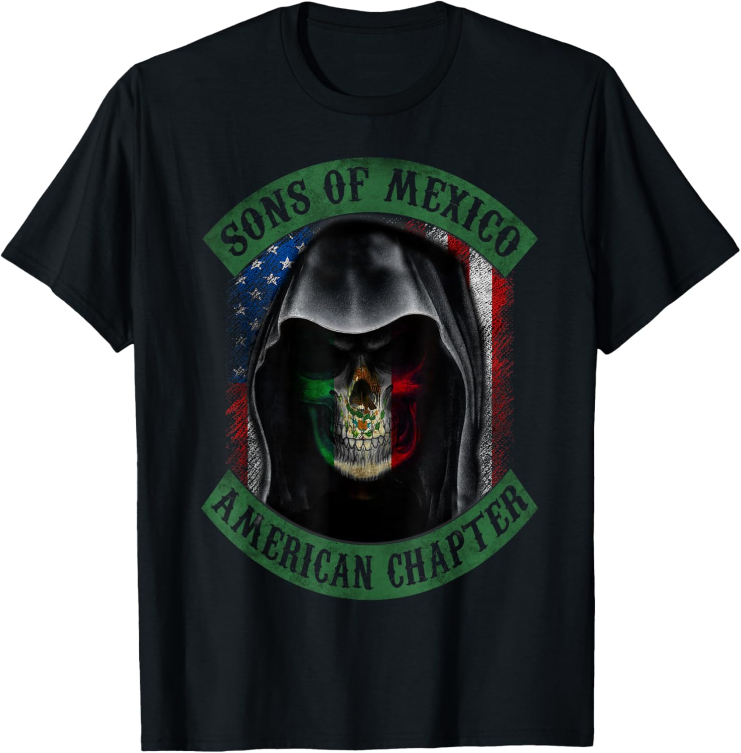 Sons Of Mexico, American Chapter, Mexican Skull USA Flag Women Men T-Shirt - T-Shirt | Black