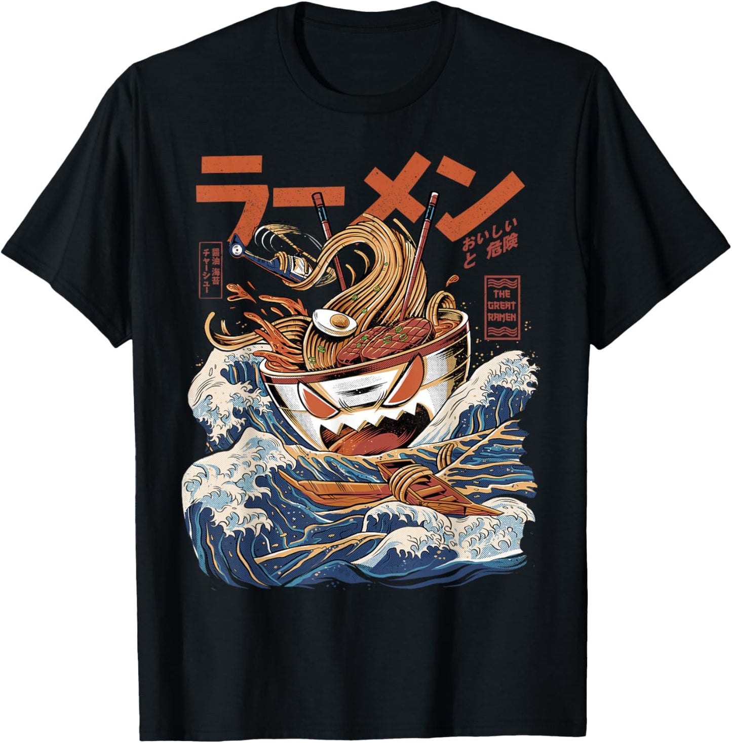 Great Ramen of Kanagawa Japanese Food Kaiju Kawaii Ramen T-Shirt - T-Shirt | Black