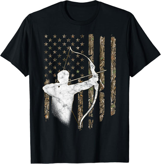 Archery Recurve Long Bow American Flag Camouflage Hunting T-Shirt - T-Shirt | Black