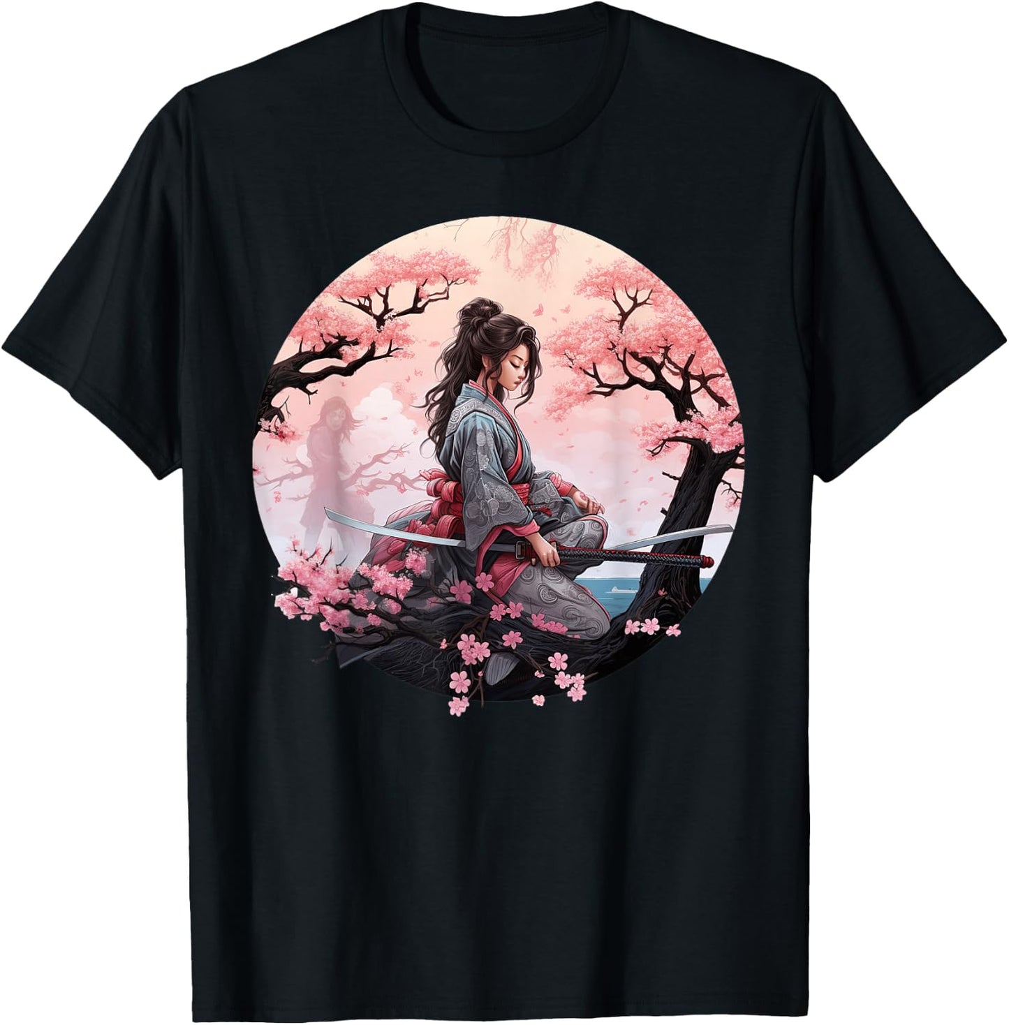 Japanese Samurai Girl Vintage Retro Sakura Cherry Blossom T-Shirt - T-Shirt | Black