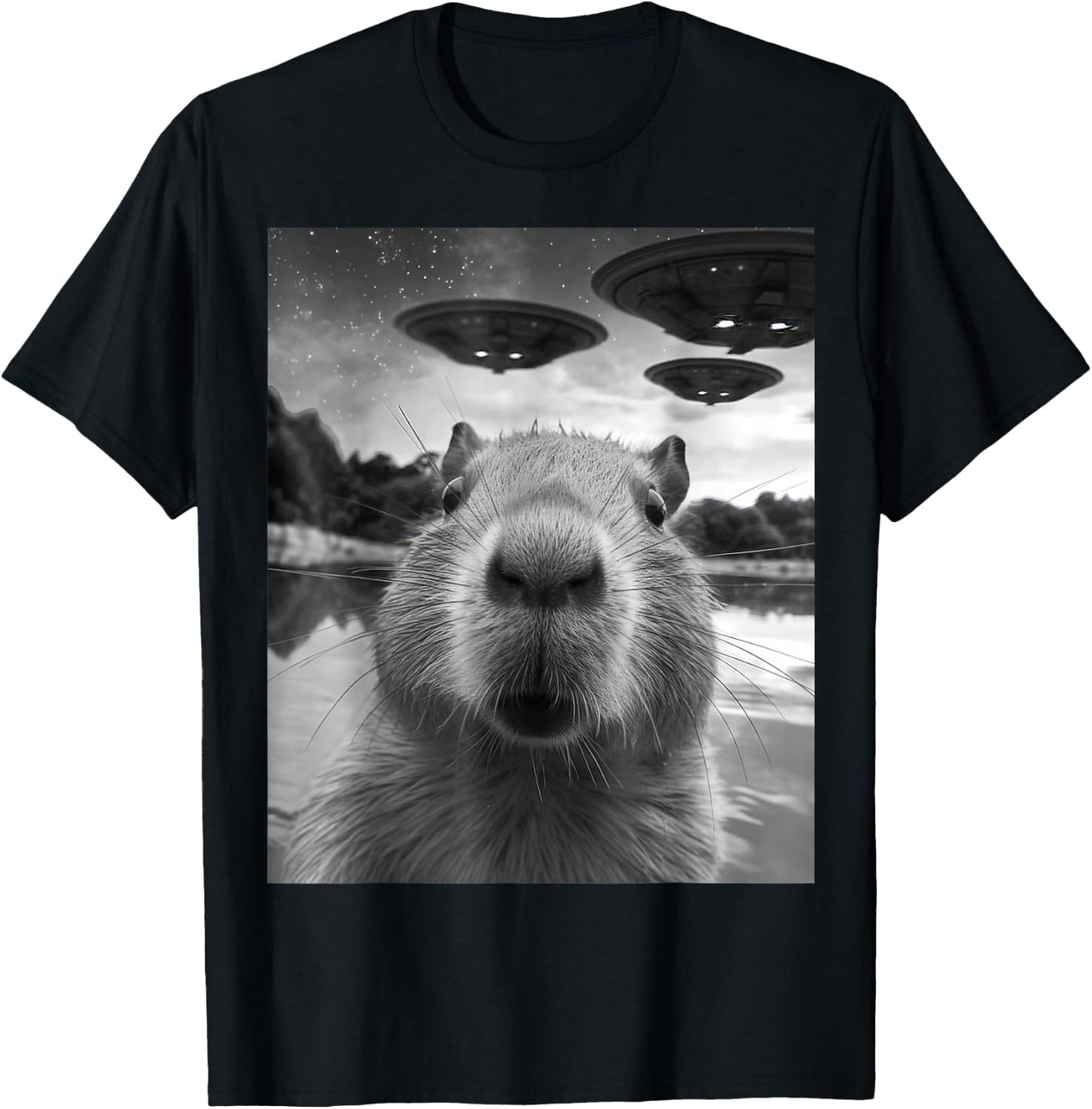 Capybara Selfie with UFOs Weird T-Shirt - T-Shirt | Black