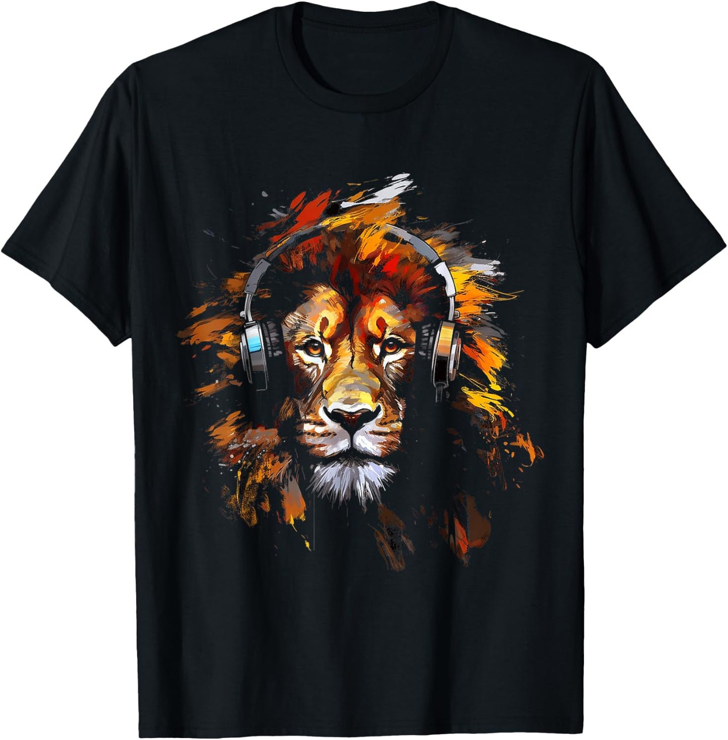 Lion Headphones Animal Motif Music Artwork Lion T-Shirt - T-Shirt | Black