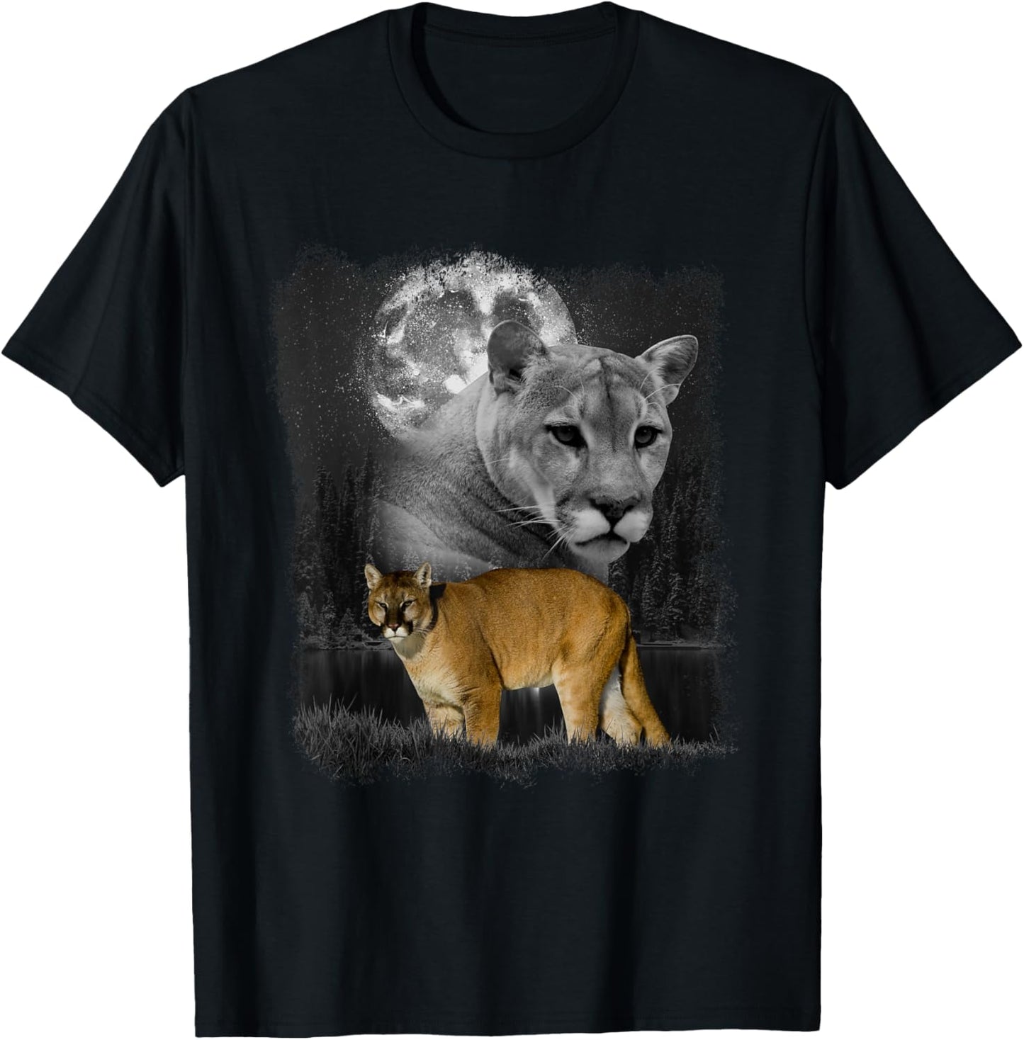 Puma Illustration Moon Puma Lover Mountain Lion T-Shirt - T-Shirt | Black