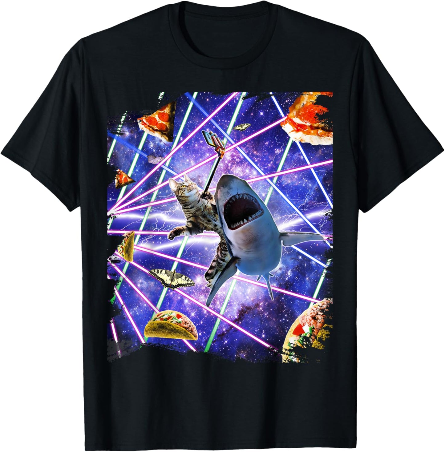 Selfie Cat Riding Shark, Space Rave, Pizza Taco Butterfly T-Shirt - T-Shirt | Black