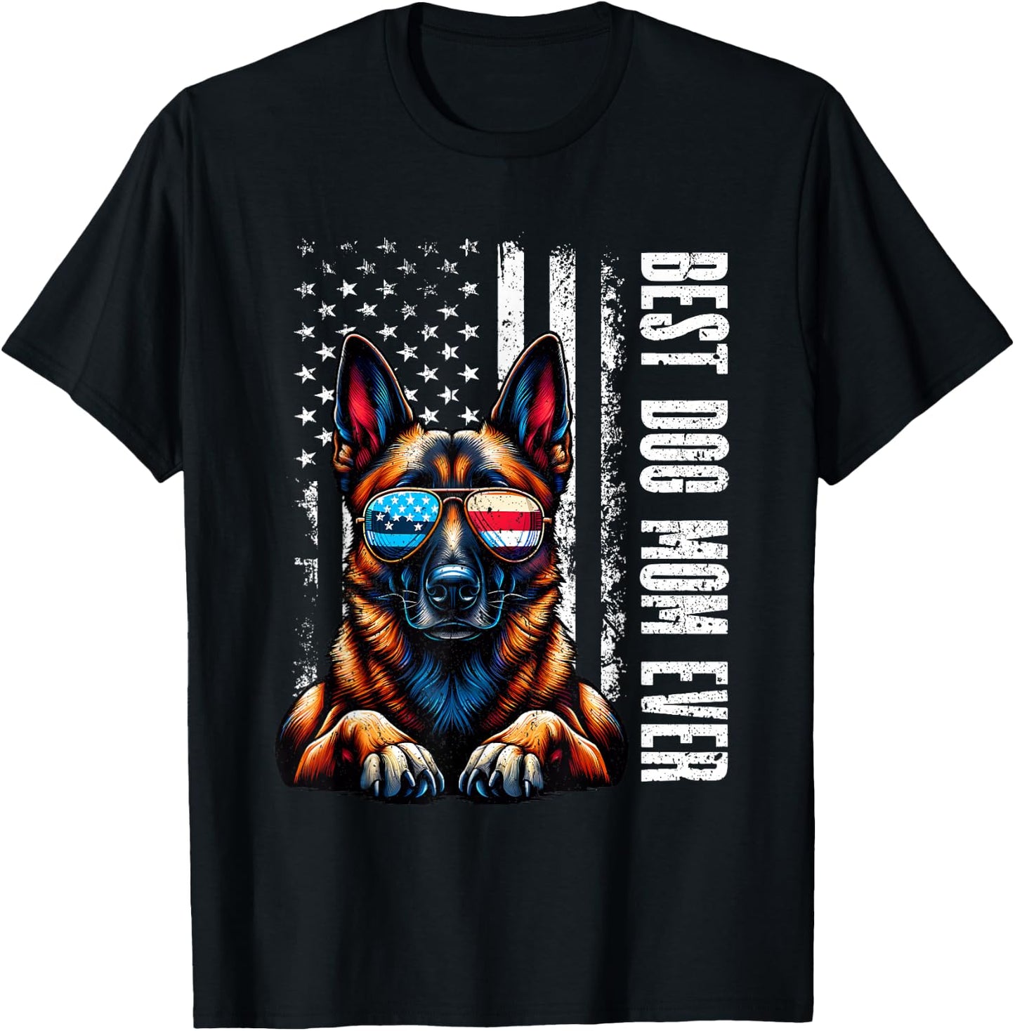 Vintage Best Dog Mom Ever Belgian Malinois Dog American Flag T-Shirt - T-Shirt | Black