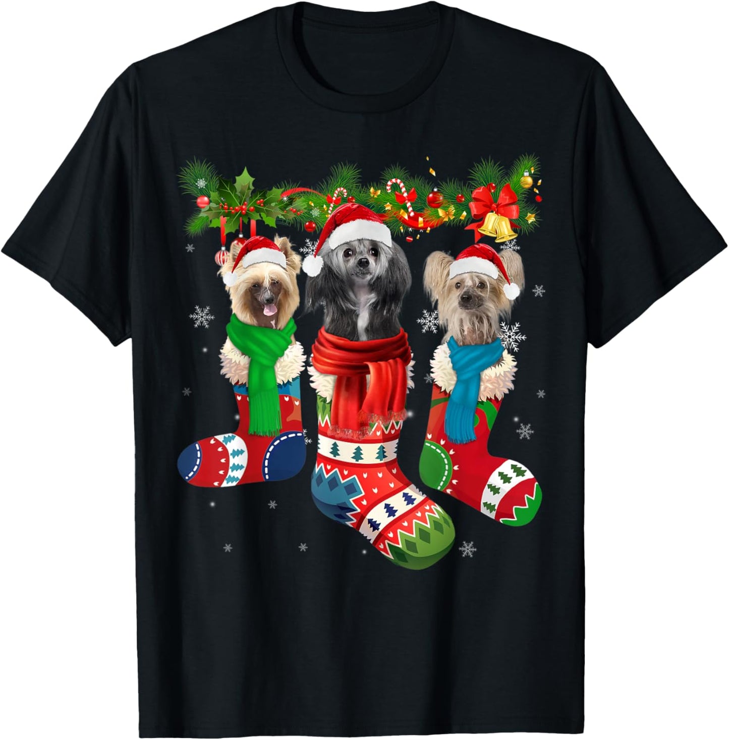 Three Chinese Crested Dogs In Christmas Socks T-Shirt - T-Shirt | Black