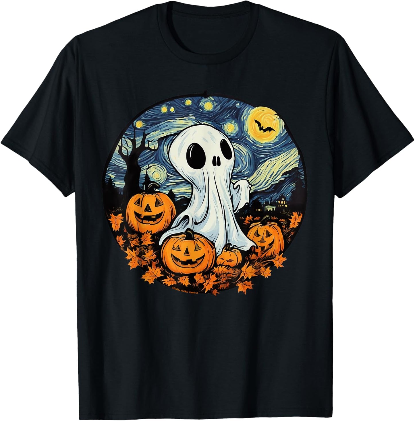 Fun and Spooky Impressionist Starry Night Ghost Halloween T-Shirt - T-Shirt | Black