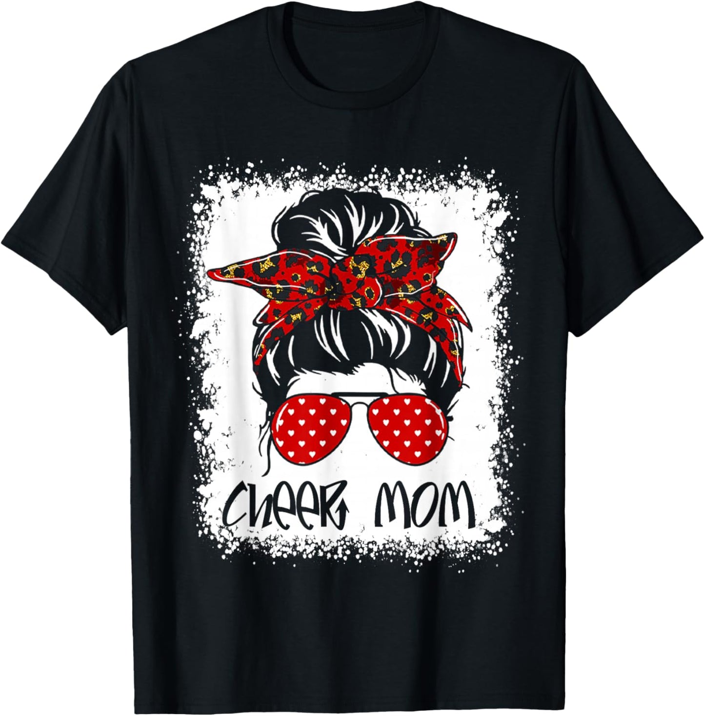 Cheer Mom Proud Cheerleading Bleached Cheer Mom Messy Bun T-Shirt - T-Shirt | Black