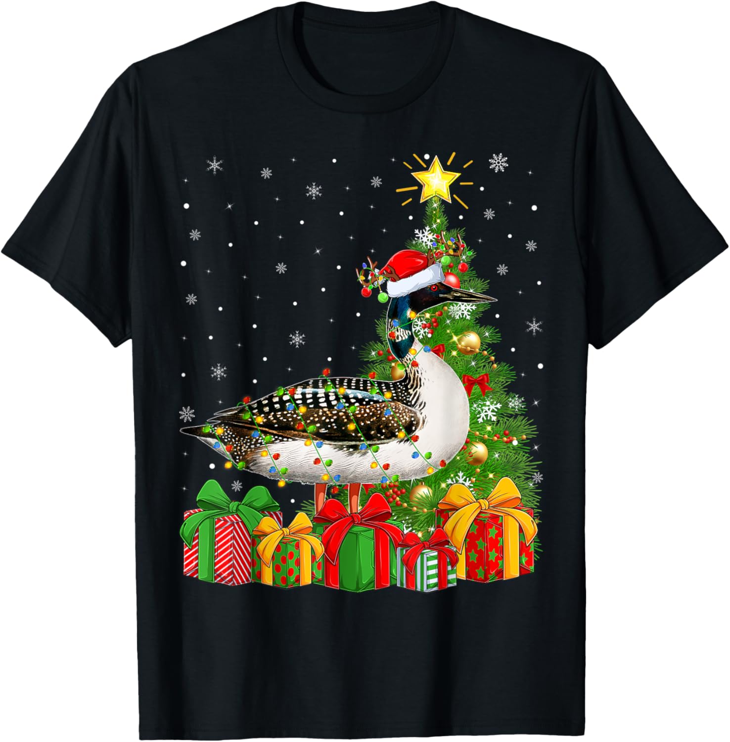 Loon Lighting Xmas Tree Santa Hat Loon Christmas T-Shirt - T-Shirt | Black