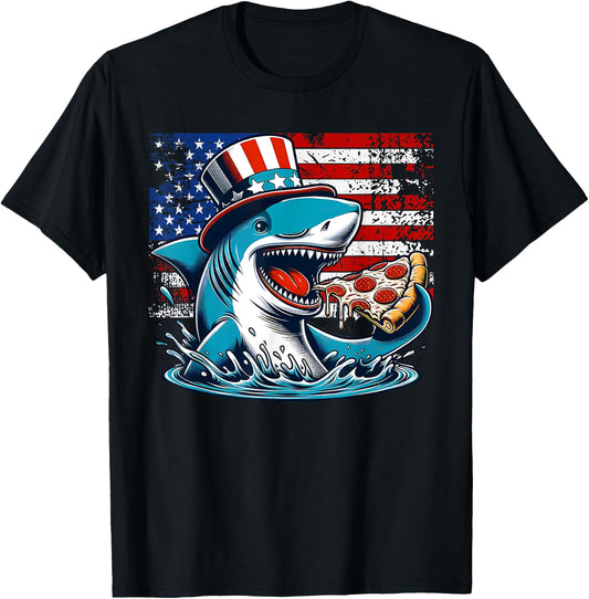 Funny Shark Eating Pizza 4th of July Shark with USA Flag T-Shirt - T-Shirt | Black