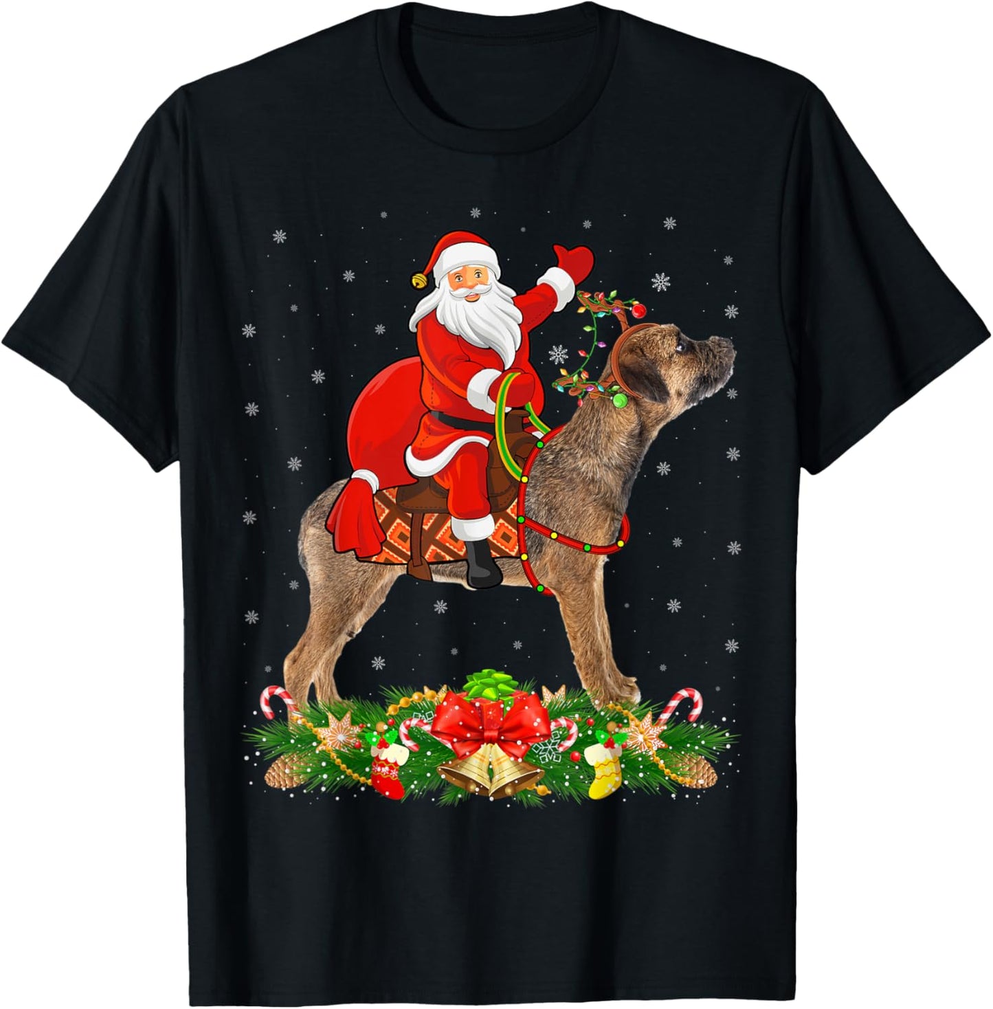 Xmas Matching Funny Santa Riding Border Terrier Christmas T-Shirt - T-Shirt | Black