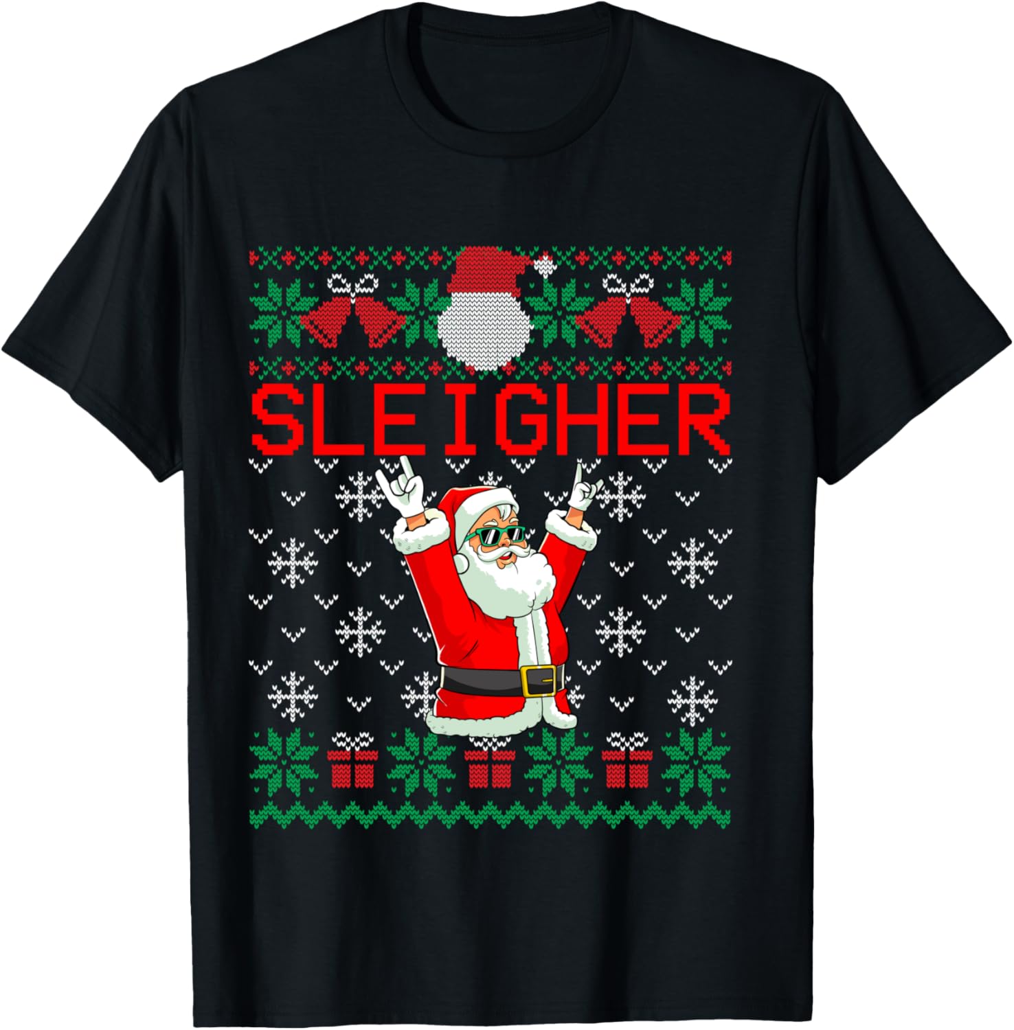Sleigher Heavy Metal Music Hail Santa Ugly Christmas Sweater T-Shirt - T-Shirt | Black
