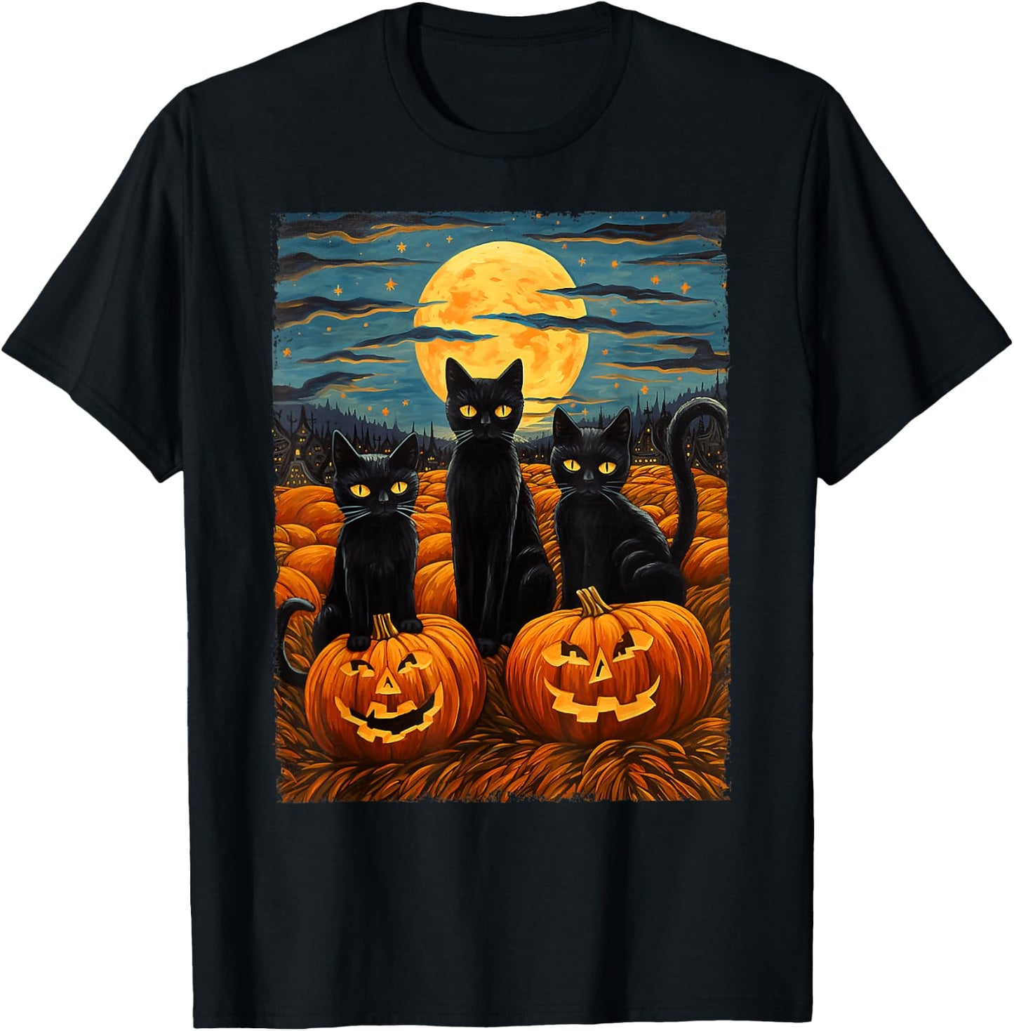 Black Cat Halloween Cat Lovers Starry Night Cat Van Gogh Cat T-Shirt - T-Shirt | Black