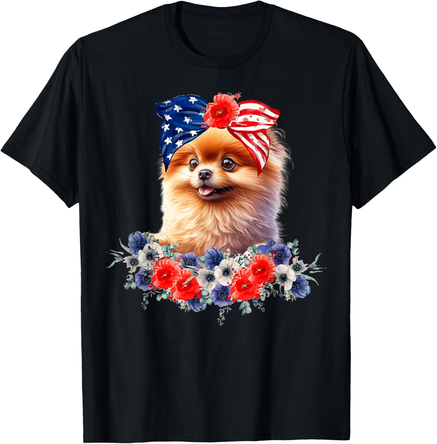 Pomeranian Dog Bandana American Flag 4th Of July T-Shirt - T-Shirt | Black