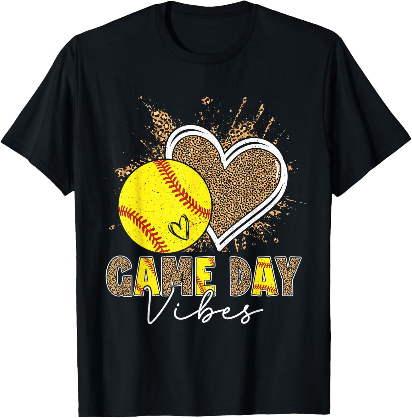 Bleached Softball Game Day Vibes Leopard Heart Headband Mom T-Shirt - T-Shirt | Black
