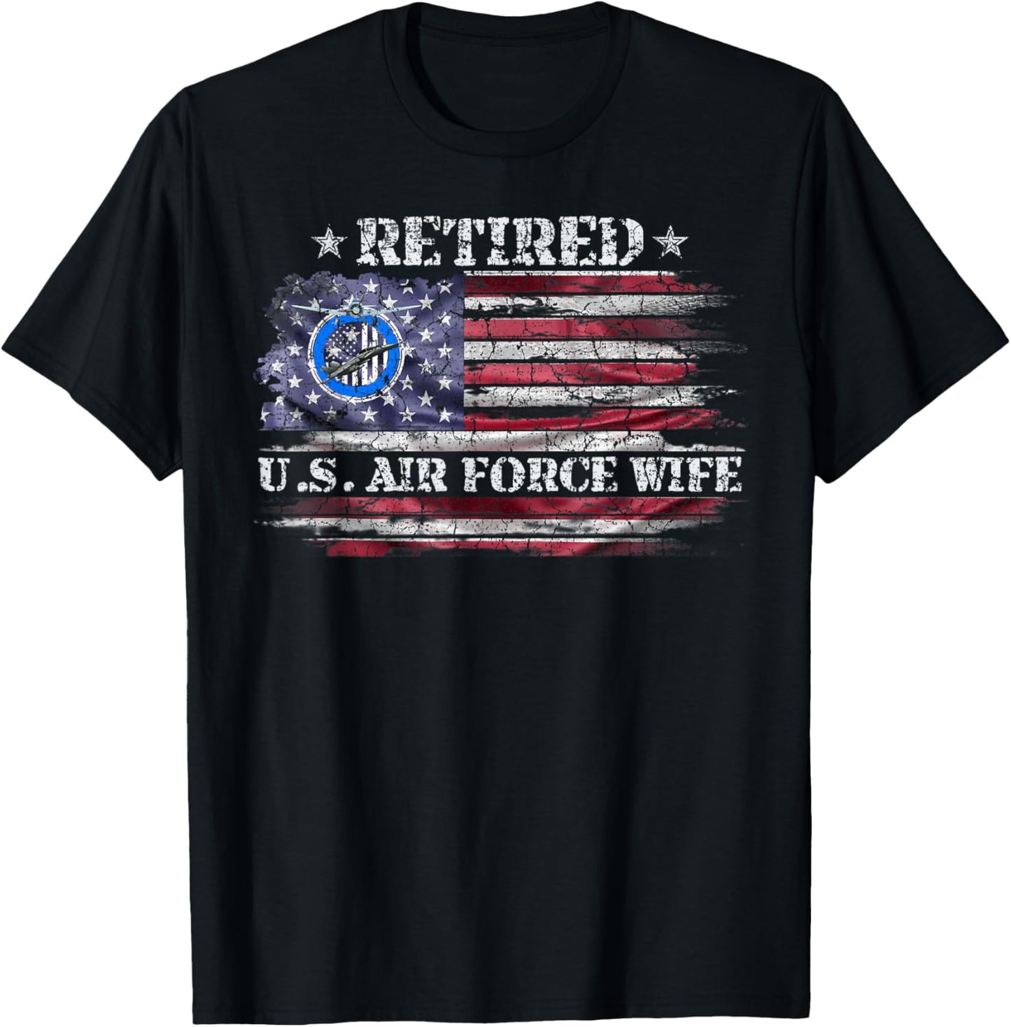 Vintage USA American Flag Proud Retired US Air Force Wife T-Shirt - T-Shirt | Black