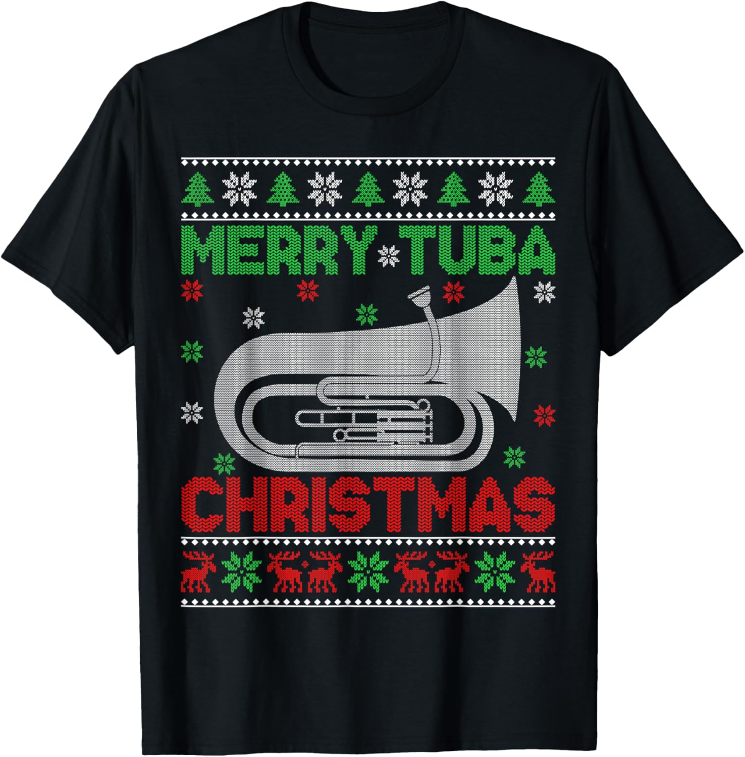 Tuba Music Lover Xmas Lighting Ugly Merry Tuba Christmas T-Shirt - T-Shirt | Black