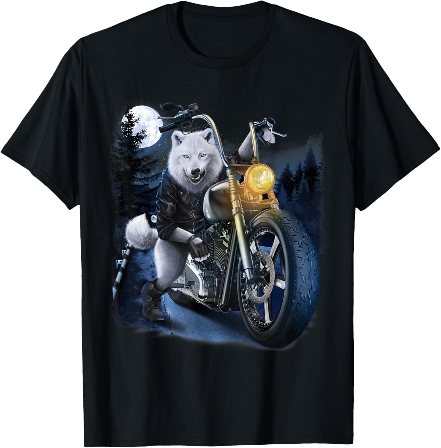 Wolf Riding Chopper Motorcycle in Full Moon T-Shirt - T-Shirt | Black