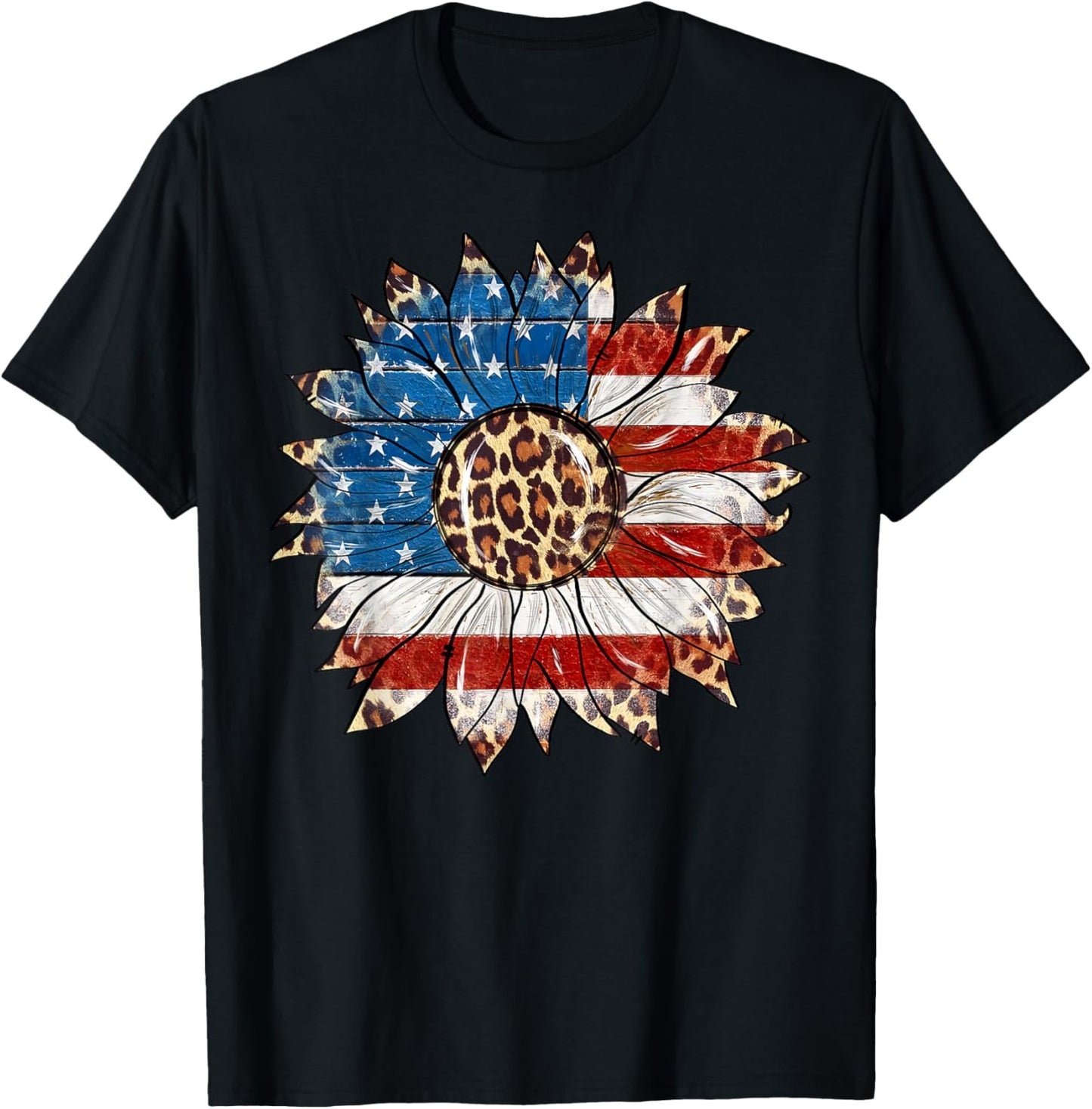 American Flag Sunflower Leopard 4th of July Patriotic T-Shirt - T-Shirt | Black