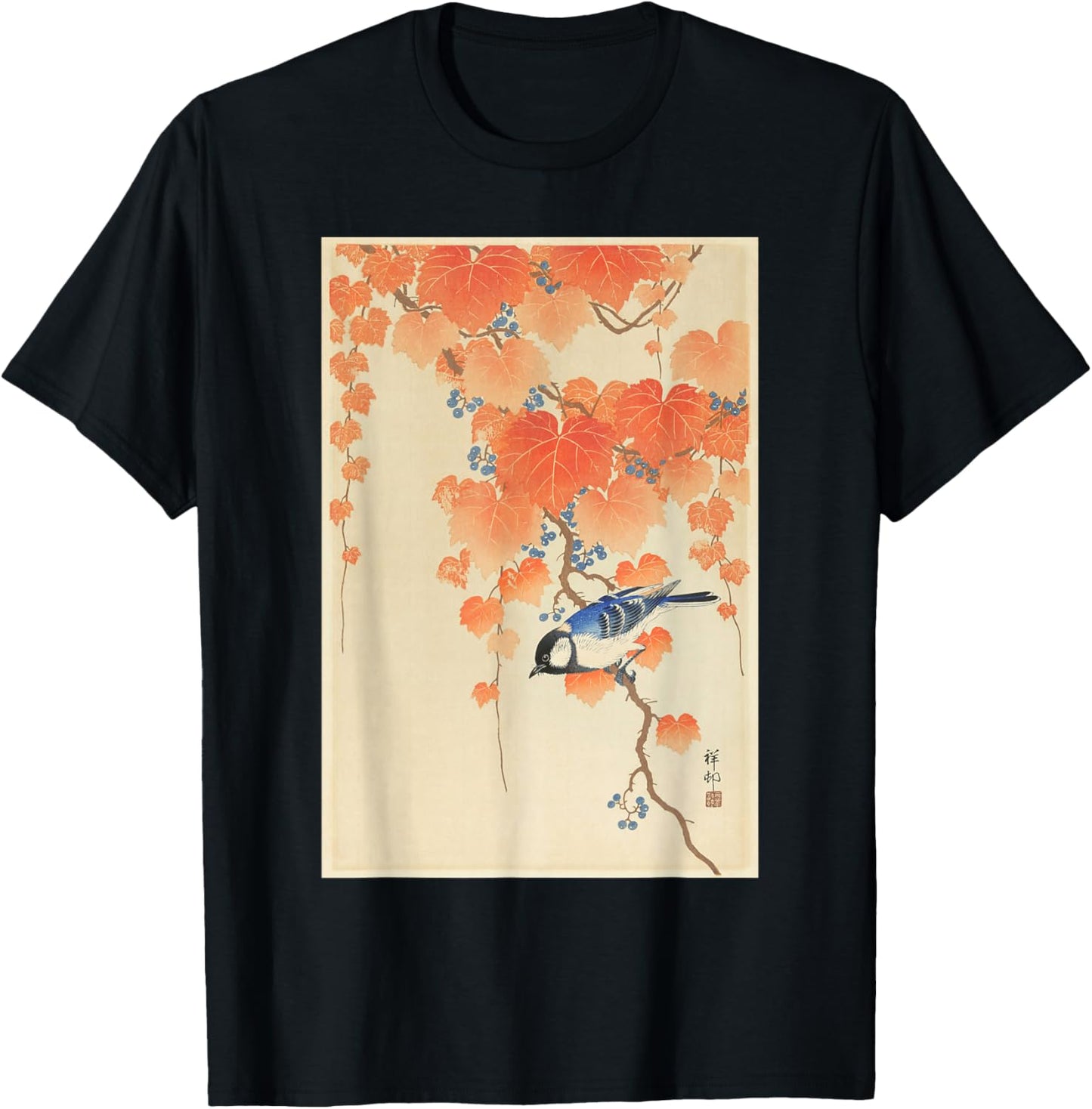 Vintage Japanese Art Naturalist Blue Song Bird Painting T-Shirt - T-Shirt | Black