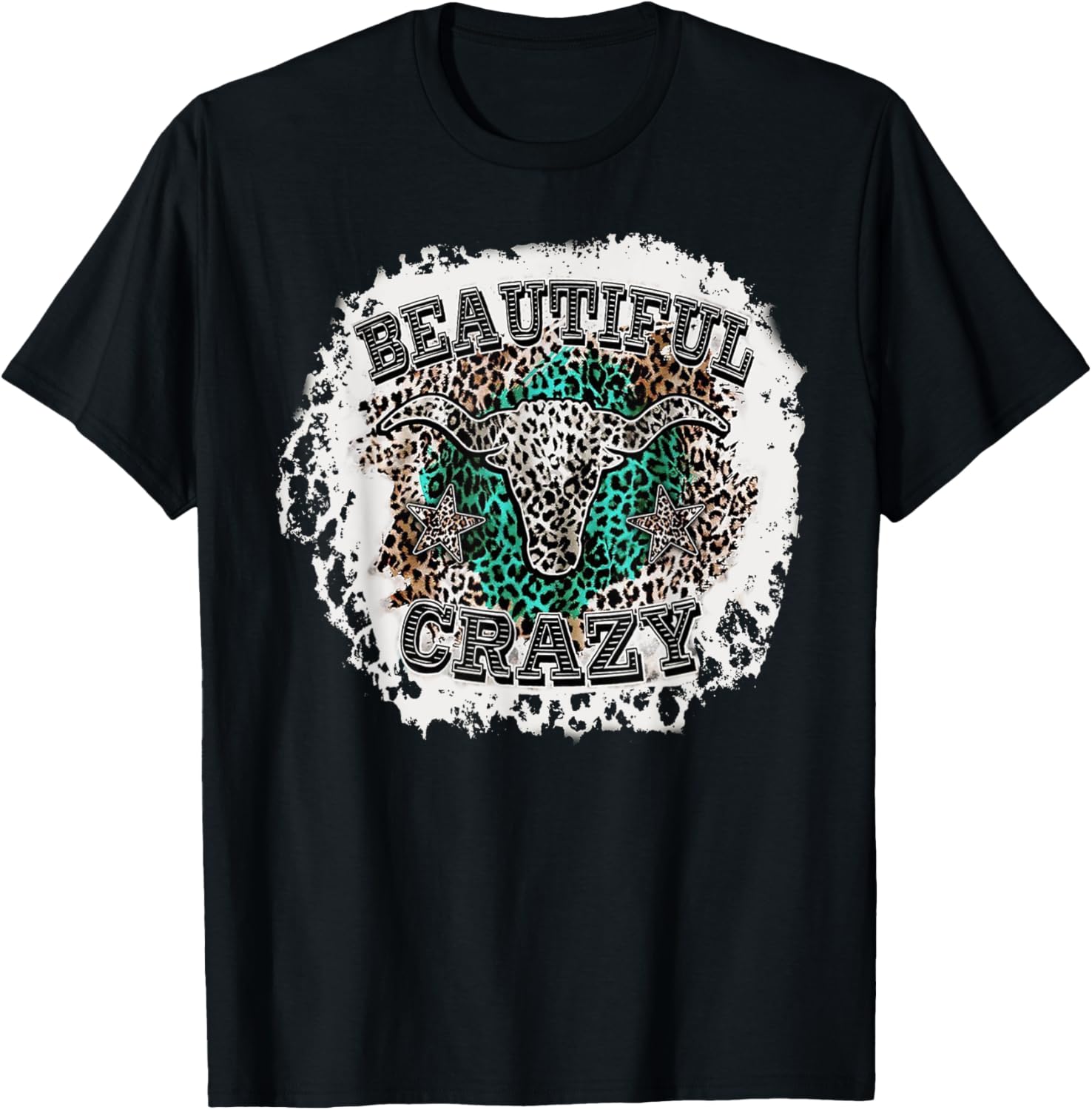 Beautiful Bull Skull Crazy Cow Skull Leopard T-Shirt - T-Shirt | Black