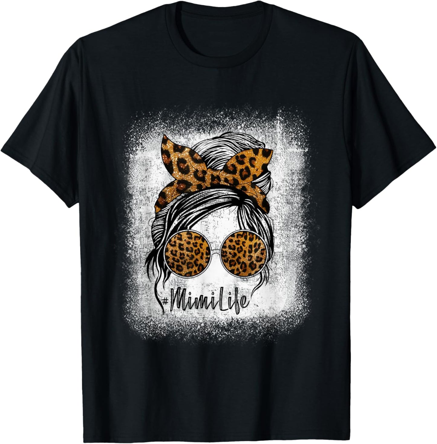 Mimi Life Messy Bun Sunglasses Bleached Mother’s Day Leopard T-Shirt - T-Shirt | Black