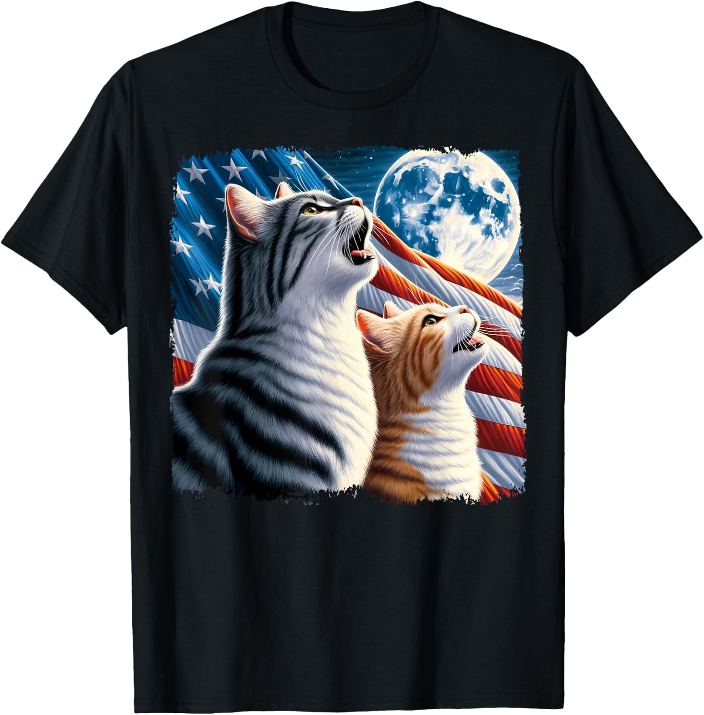 Cat 4th of July American Flag Howling Cats Under Blood Moon T-Shirt - T-Shirt | Black