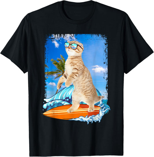 Cute Surfing Hawaiian Cat Lover Surfer Beach Summer Vacation Men Women Girls Kids T-Shirt - T-Shirt | Black