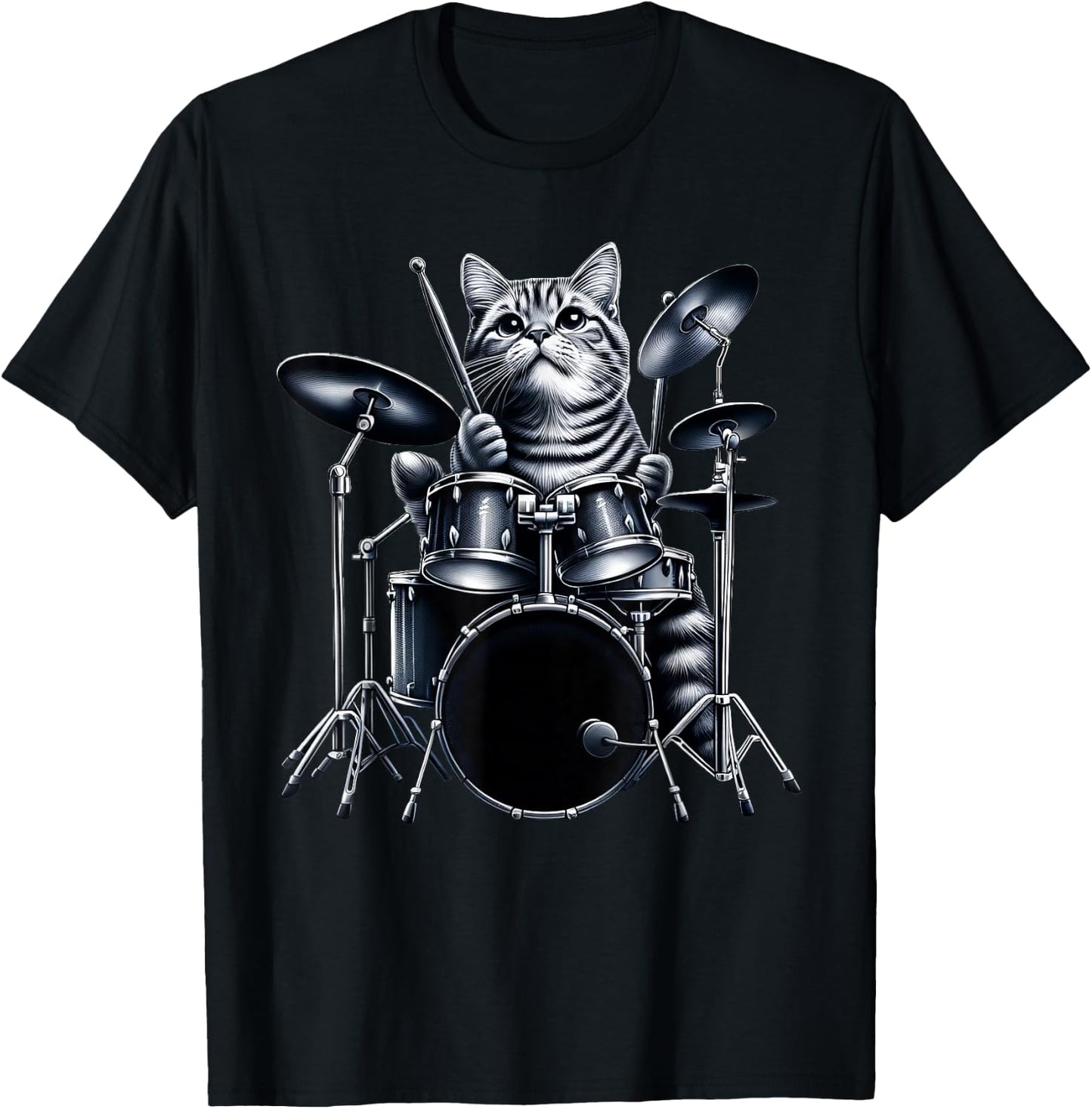 Cute Cat Playing Drums Cats Drummer Music Men Women Girls Kids T-Shirt - T-Shirt | Black