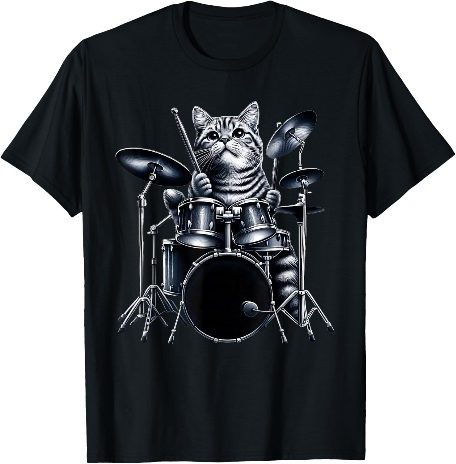 Cute Cat Playing Drums Cats Drummer Music Men Women Girls Kids T-Shirt - T-Shirt | Black