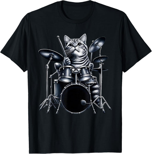 Cute Cat Playing Drums Cats Drummer Music Men Women Girls Kids T-Shirt - T-Shirt | Black