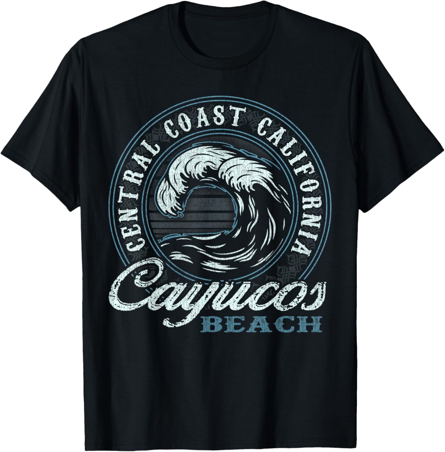 Cayucos Retro Wave Circle - Beach Gift T-Shirt - T-Shirt | Black