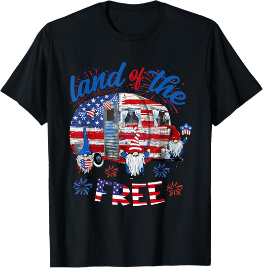 Land Of The Free American Flag Gnomes Camping July 4th Truck Women Men T-Shirt - T-Shirt | Black