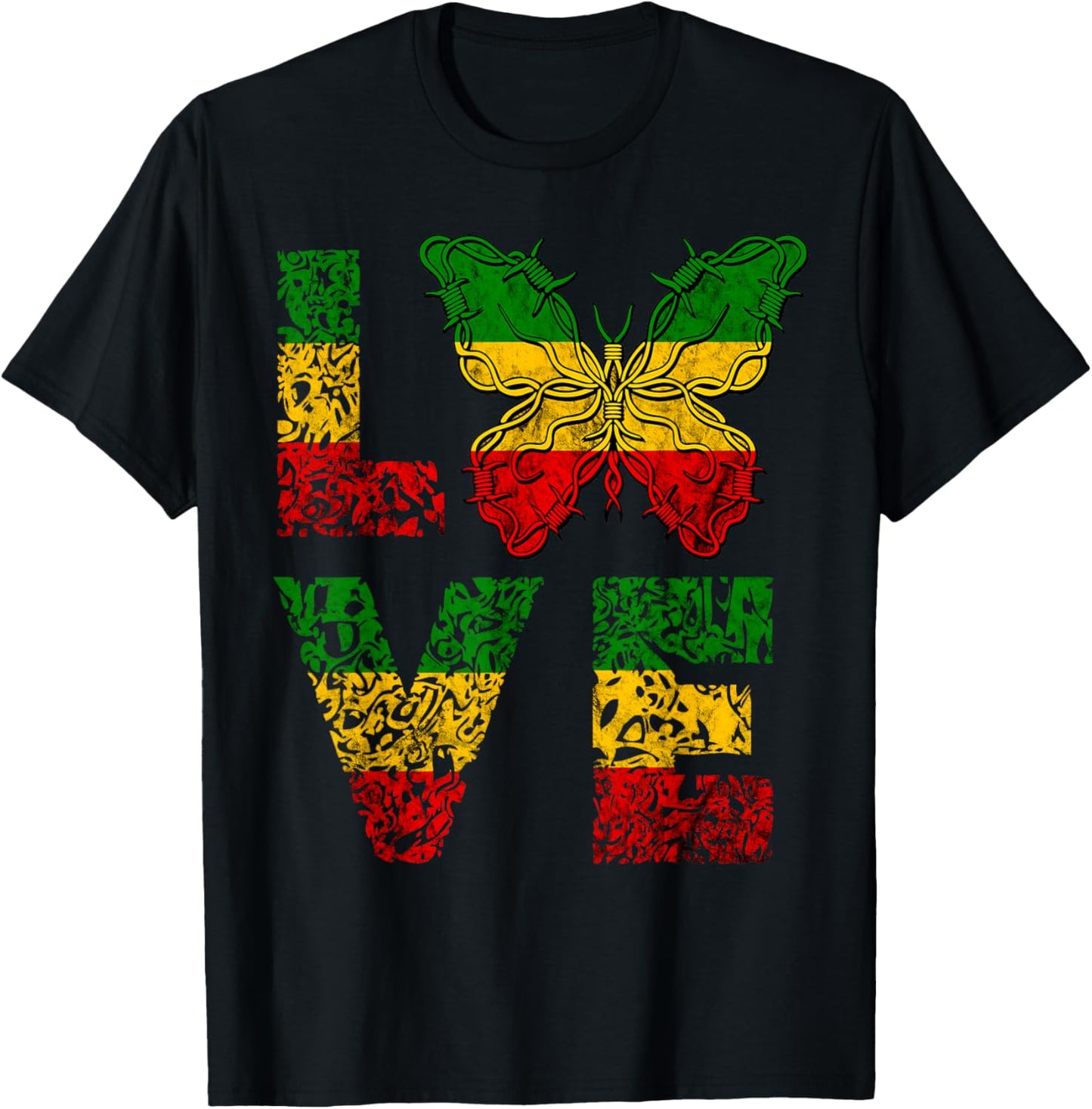 Love Butterfly Reggae Rastafari Reggaeton Hippie T-Shirt - T-Shirt | Black