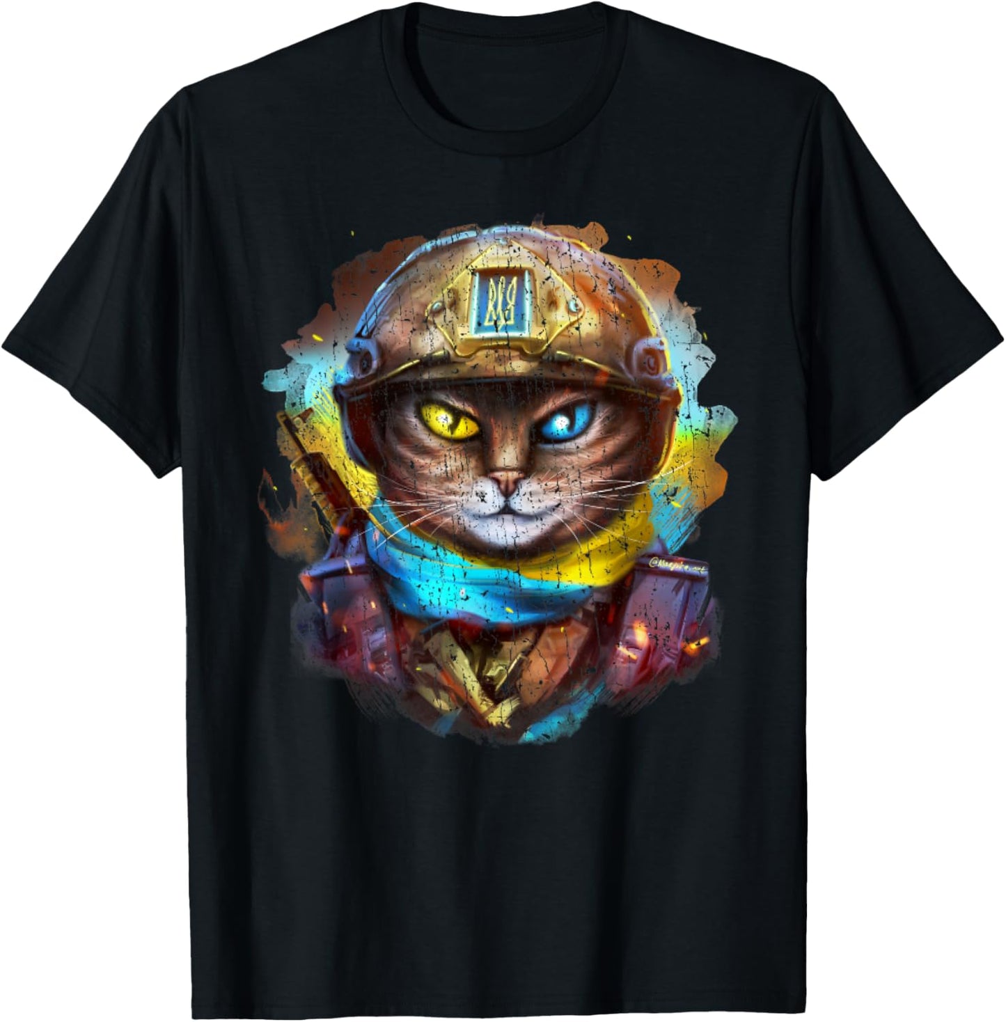 Funny Cat Ukrainian Soldier Flag Vintage Support Ukraine Women Kids T-Shirt - T-Shirt | Black