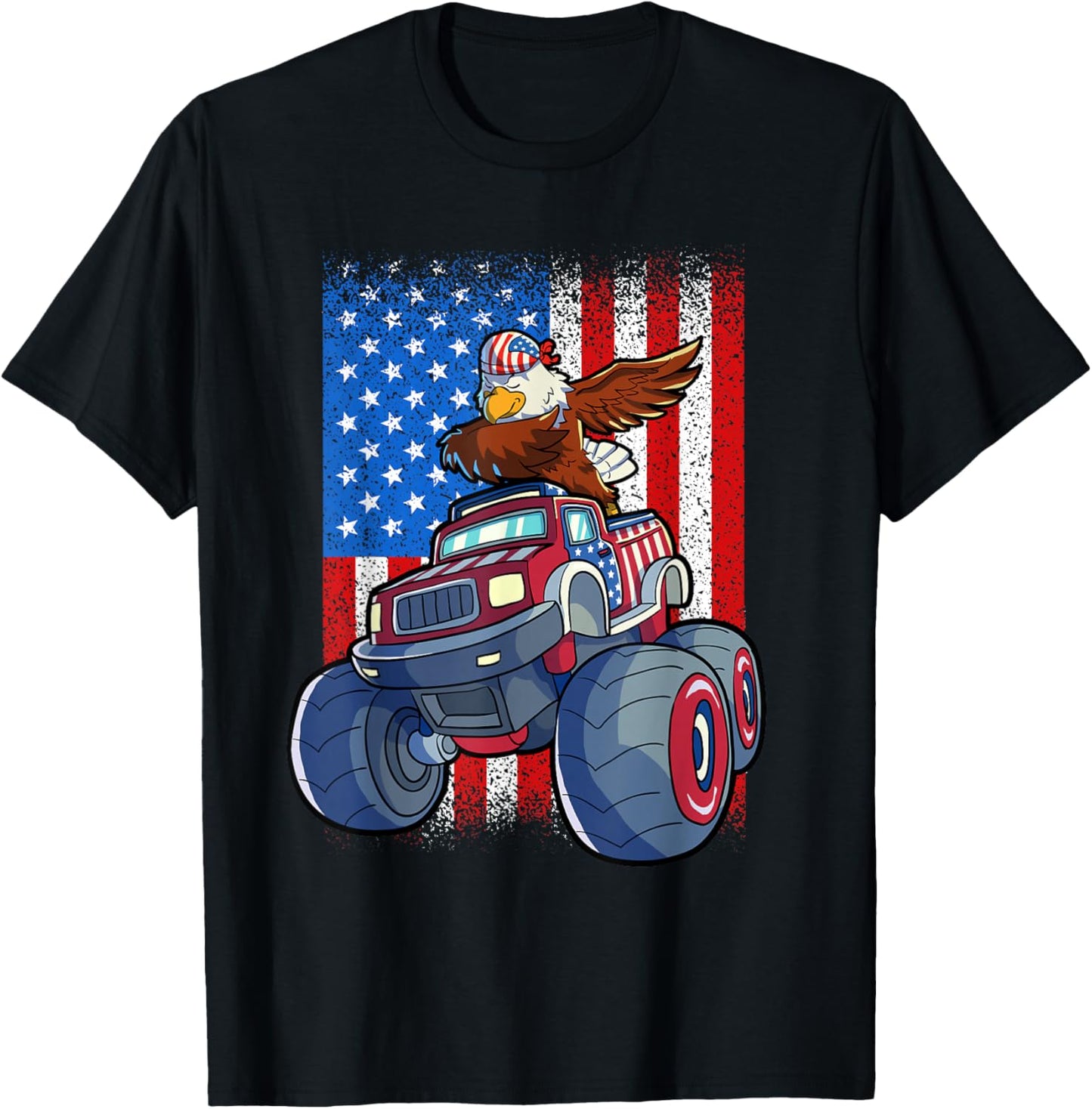 Dabbing Eagle Monster Truck 4th Of July Boys American Flag T-Shirt - T-Shirt | Black