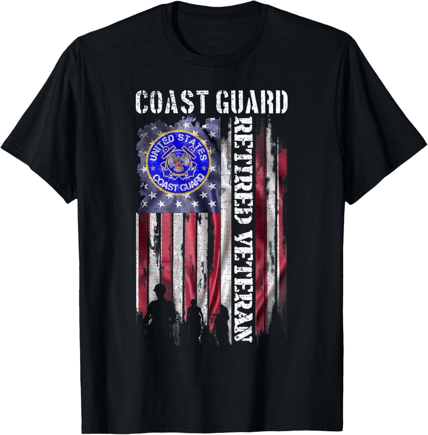Vintage USA American Flag Coast Guard Proud Retired Veteran T-Shirt - T-Shirt | Black