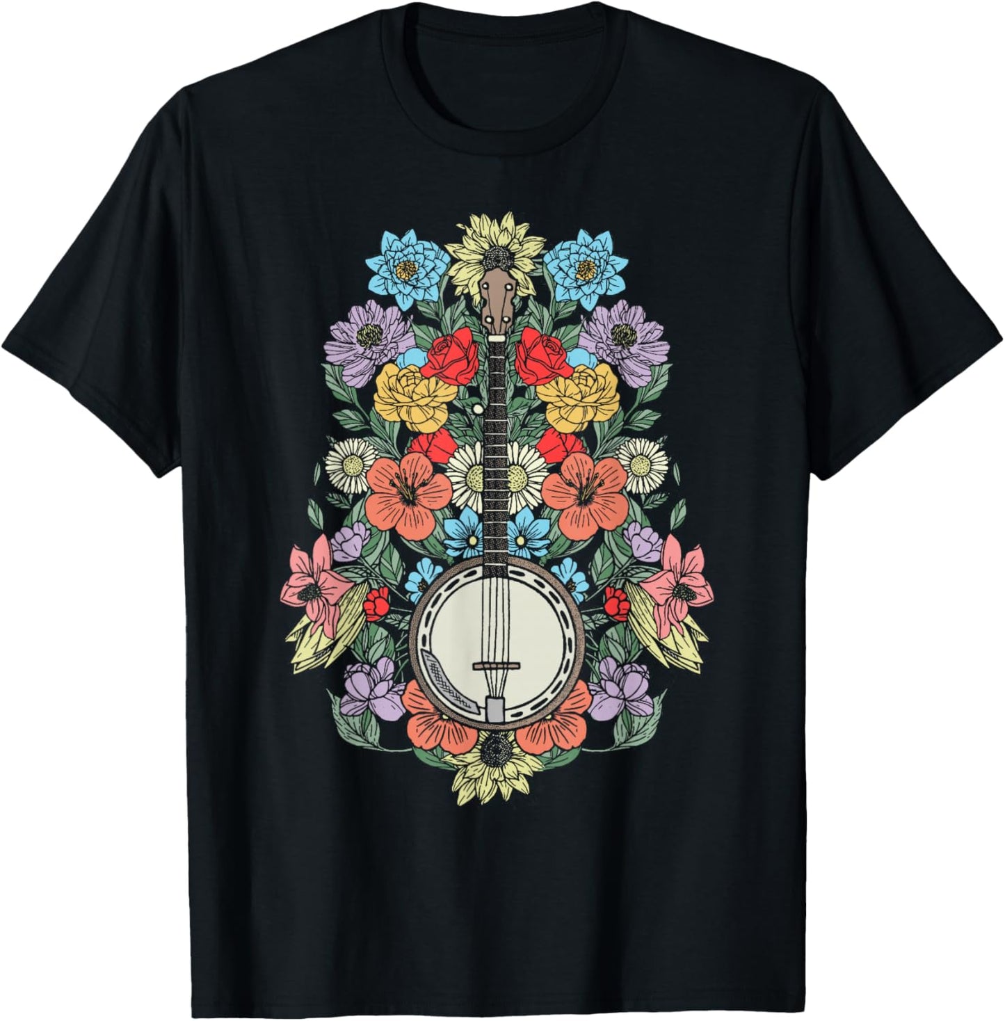 Banjo Flowers Vintage Stringed Bluegrass Folk Floral Pattern T-Shirt - T-Shirt | Black