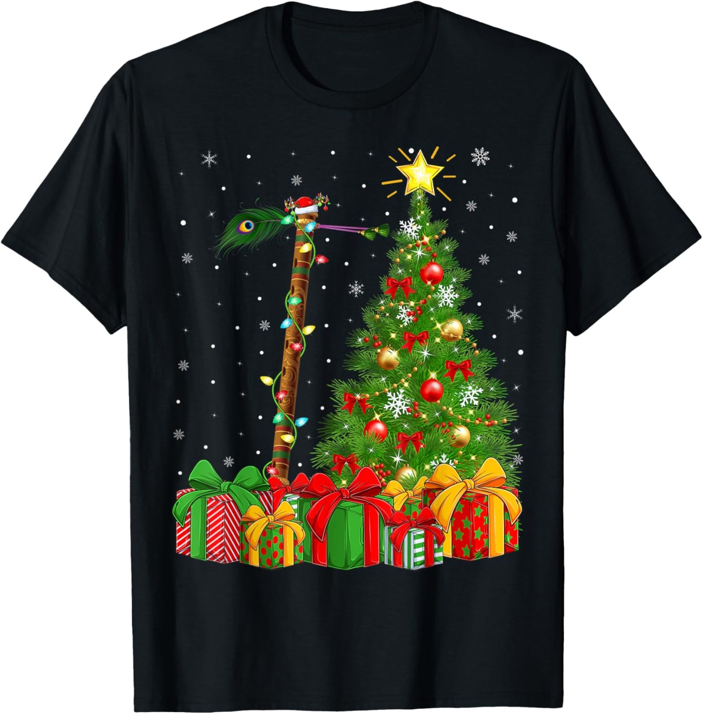 Flute Music Lighting Xmas Tree Santa Hat Flute Christmas T-Shirt - T-Shirt | Black