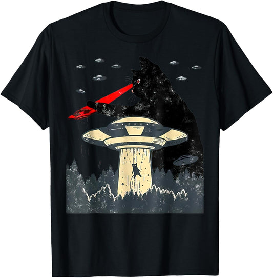 Cat UFO Black Cat, Funny Cat , Cat Graphic, Cat Laser Eye Women T-Shirt - T-Shirt | Black
