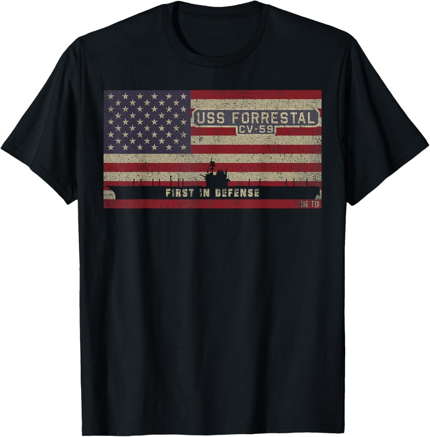 USS Forrestal CV-59 Aircraft Carrier American Flag T-Shirt - T-Shirt | Black