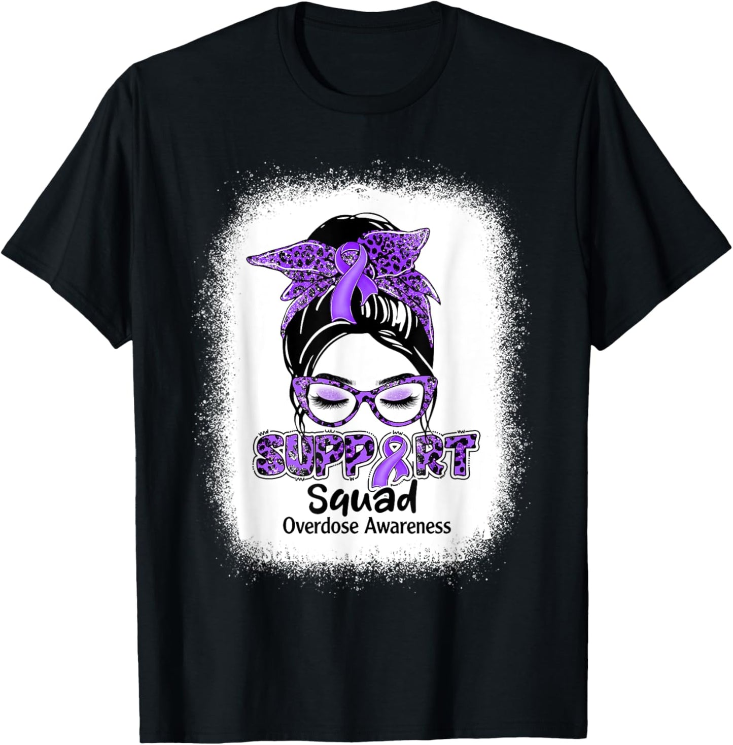 Support Squad Messy Bun Purple Ribbon Overdose Awareness T-Shirt - T-Shirt | Black