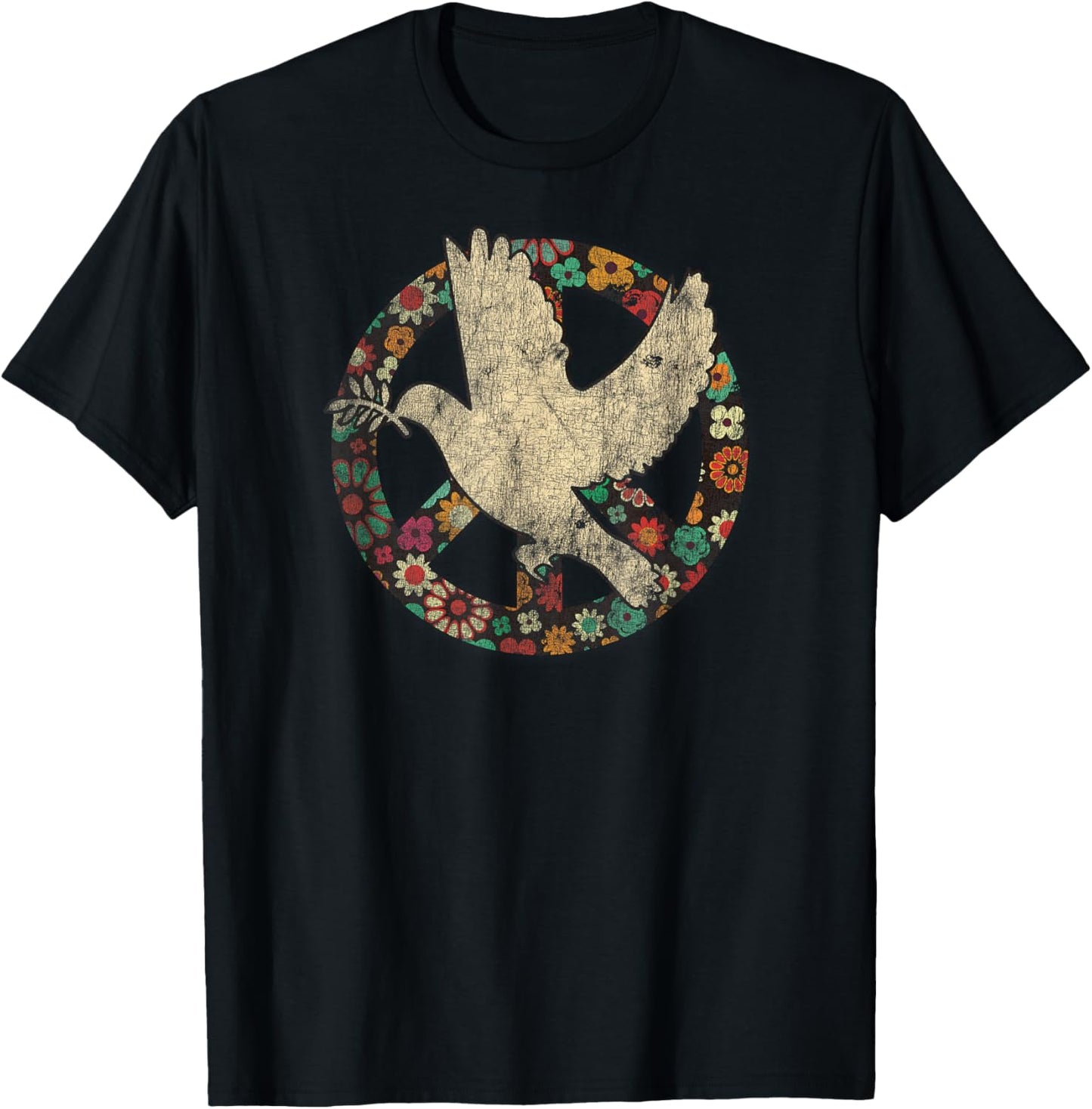 Dove Bird of Distress Peace Sign Kindness and Flower Peace T-Shirt - T-Shirt | Black