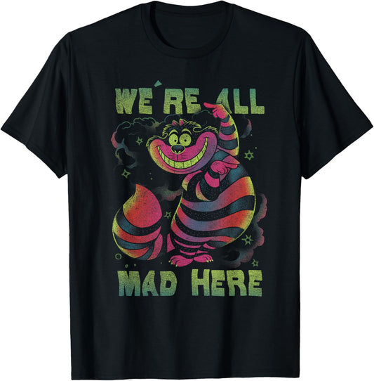 Disney Alice In Wonderland Cheshire Cat Neon All Mad Here Short Sleeve T-Shirt - T-Shirt | Black